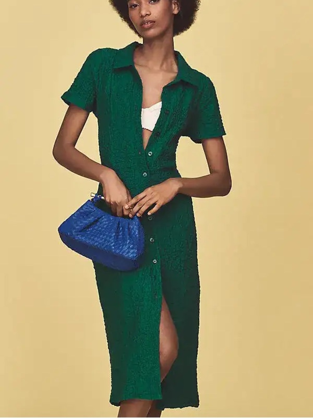 Anthropologie short sleeve collared textured shirt midi dress in green size XL
